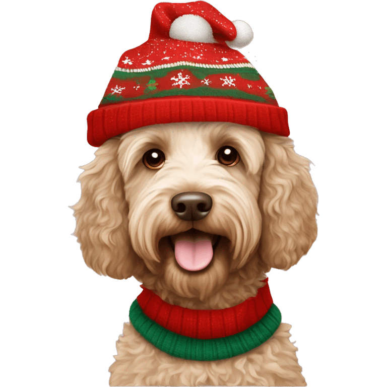 australian labradoodle in christmas sweater and hat emoji