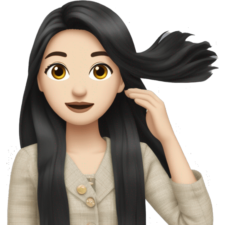 A very beautiful pale Asian girl with silky long black straight hair,waving in the wind,she wears headband and wearing chanel tweed emoji