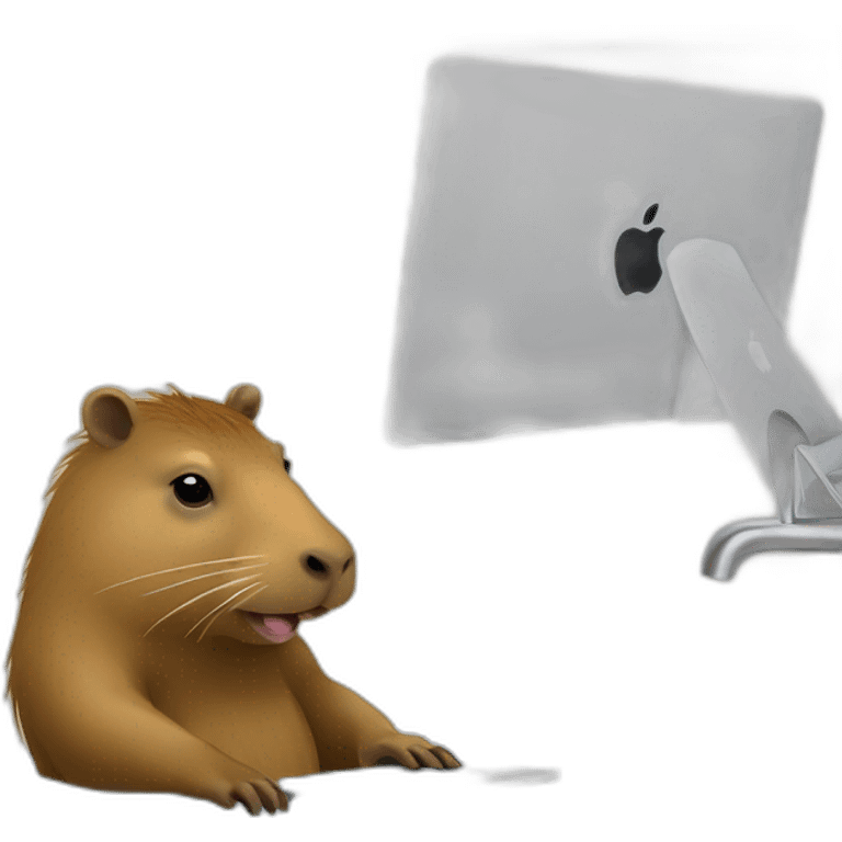 Capybara with a Macbook in the bathroom, around a duck emoji