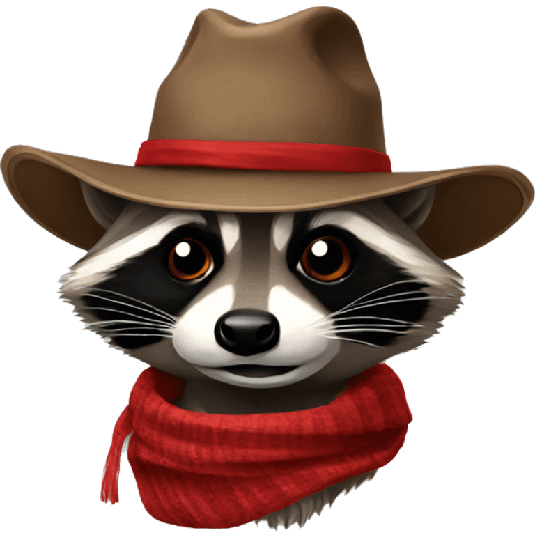 Raccoon with cowboy hat. raccoon with red and black Scarf wrapped around the neck emoji