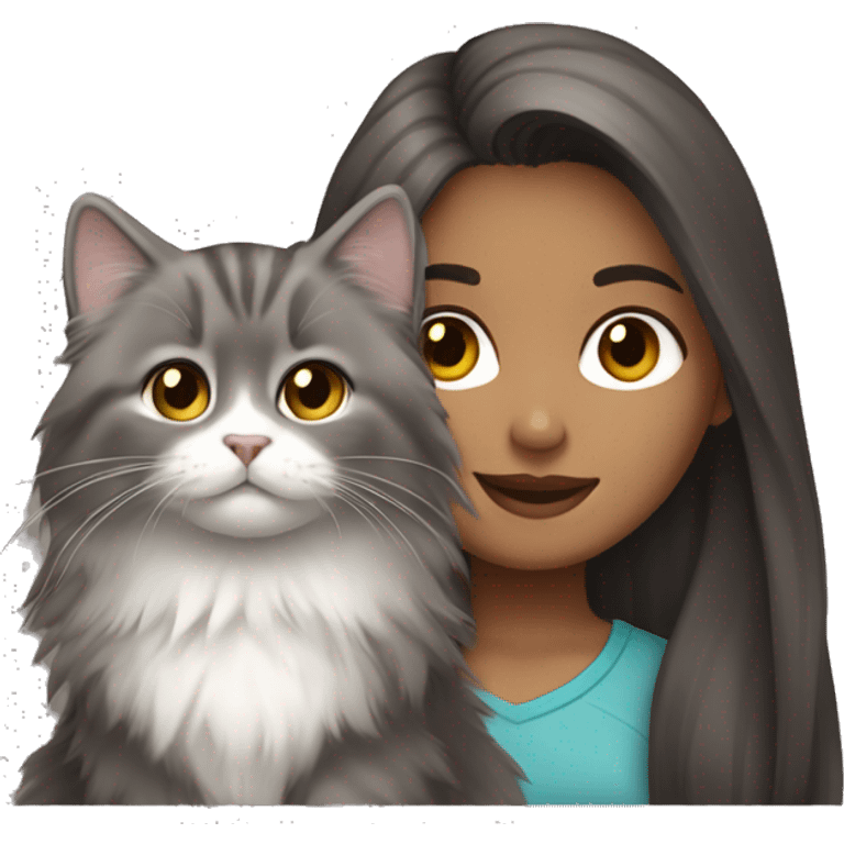 Dark brown straight hair girl with holding fluffy Siberian gray cat  emoji