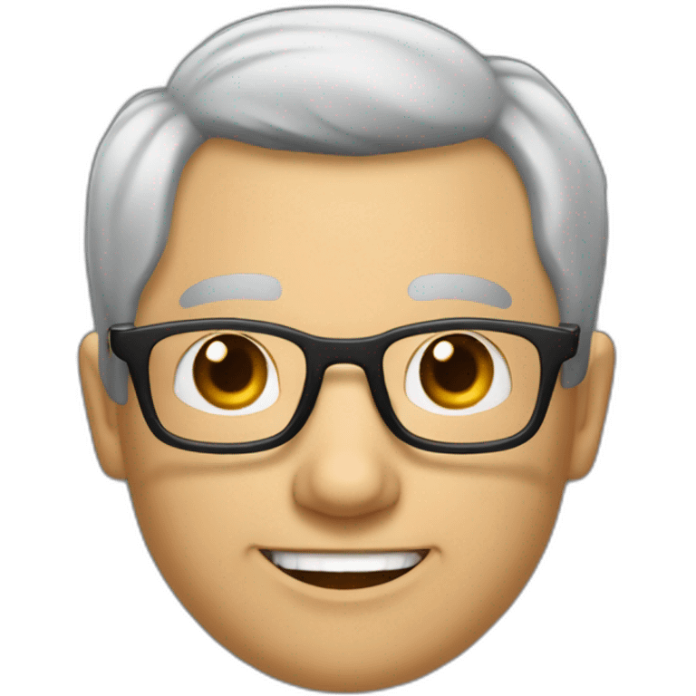 an man with a small amount of grey hair cut short, and a very receding hairline, and a tuft of hair on the top. He is wearing glasses, the glasses frames are black and he is smiling emoji