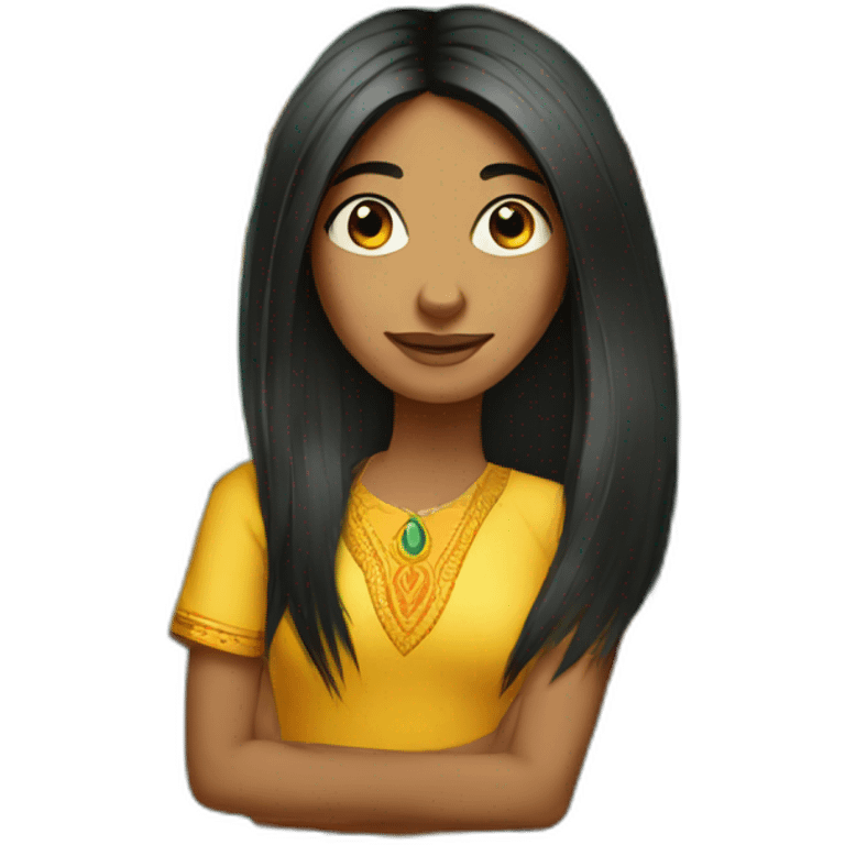 Straight long black hair Indian girl with sunflower emoji