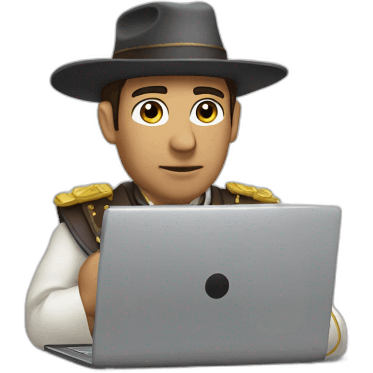 gaucho without a hat, mounted on a horse writing code on a laptop emoji