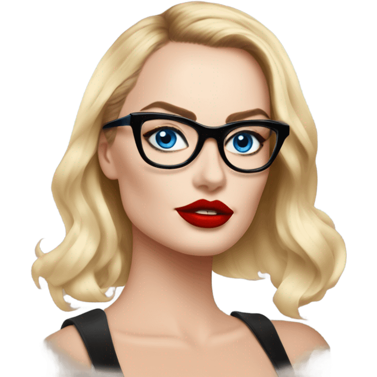 Real Margot Robbie, bright blue eyes and winged eye liner, red kisses, wearing black glasses  emoji