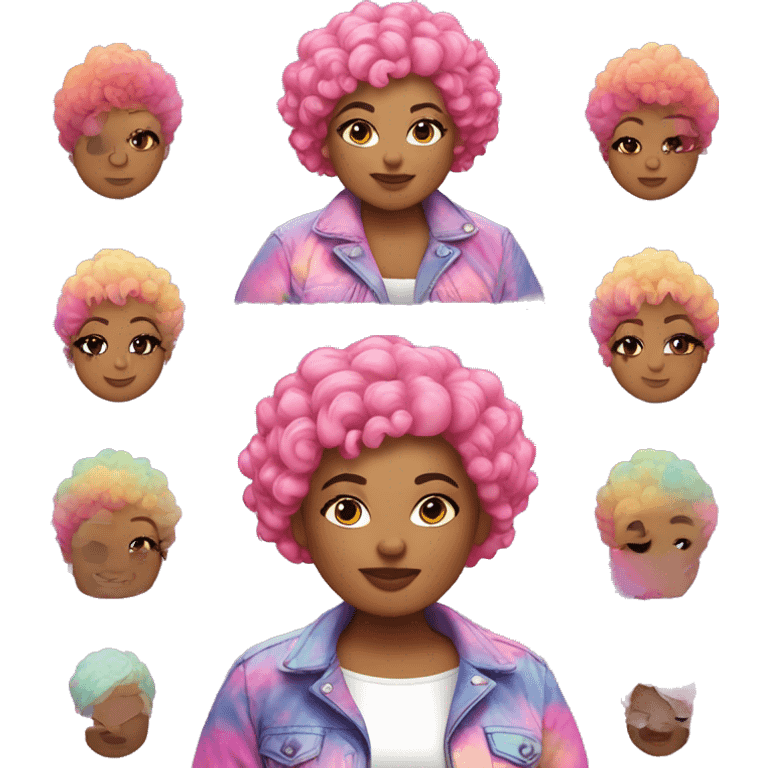 Plus size black woman with pink curly pixie cut hair and a tie dye jacket  emoji