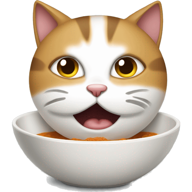 A sad cat (tricolour) is meowing around an empty bowl. emoji