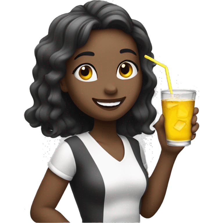 Black and white girl waving hi while drinking a drink and winking emoji