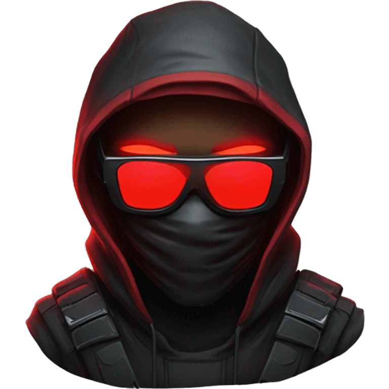 developer behind his laptop with this style : crysis Cyberpunk Valorant neon glowing bright red character dark red black hooded assassin themed character red balaclava sunglasses emoji