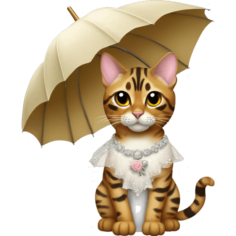 Bengal cat wearing a wedding dress holding an umbrella emoji