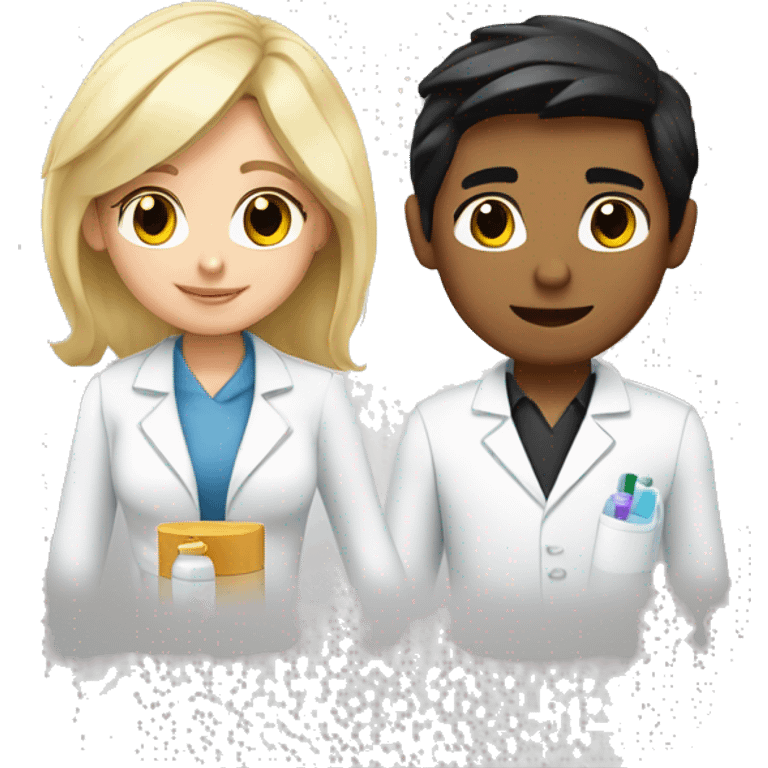 blonde female pharmacist and white male chemist with black hair in love emoji