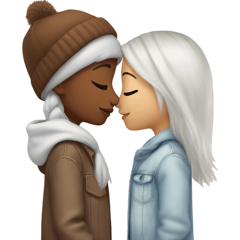 One girl with white hair and one girl with brown hair and a beanie, kissing emoji