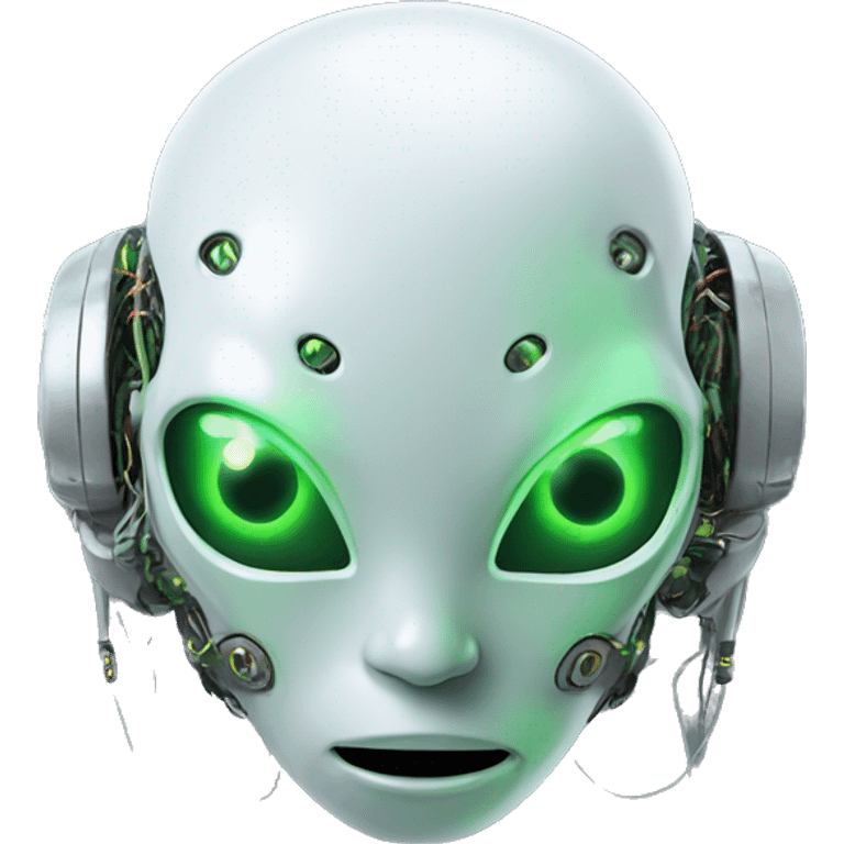 Round Alien cyborg head with glowing wires and green eyes  emoji