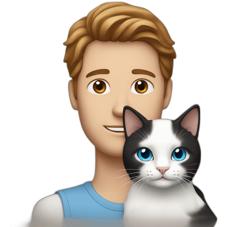 a white guy with blue eyes and long brown hair holding his white black cat emoji