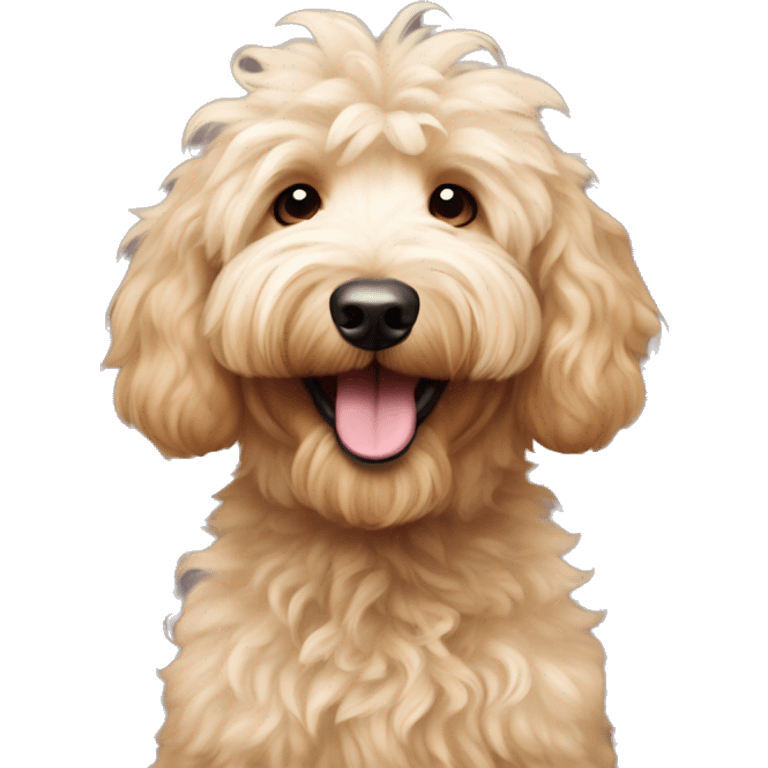 Smiling Goldendoodle with short fur and curly floof on top of head emoji