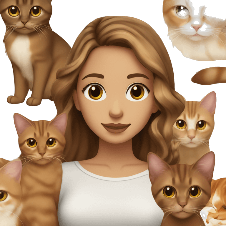 White girl brown eyes with long wavy brown hair with brown highlights balayage with abyssinian cat emoji