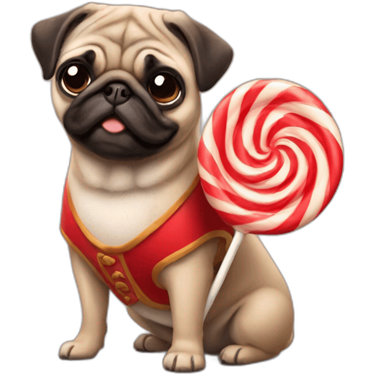 pug wearing a red vest holding lollipop emoji