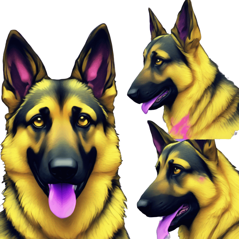 .Zombie_ Vaporwave black holographic oilslick zombie yellow German shepherd dog yellow caution tape graffiti stripes iridescent blue purple mane yellow stripes emoji