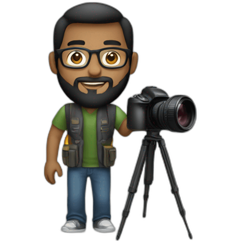 A photographer, young, black, straight hair, with a beard, wearing glasses and holding a camera in his hand. Using black emoji