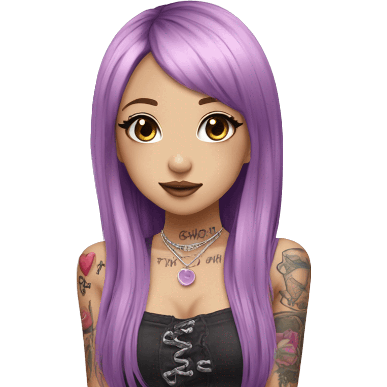 hime gyaru girl, long straight pink and purple hair, tattoos, dark makeup,  emoji