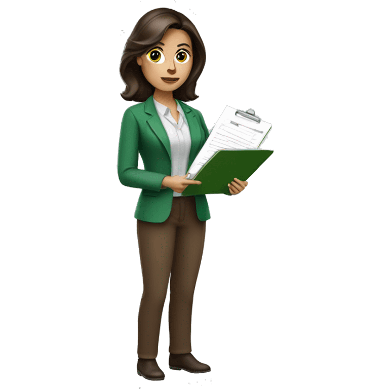 brunette woman psychologist, holding a medical record clipboard, wearing professional clothes with a green blouse and brown pants emoji