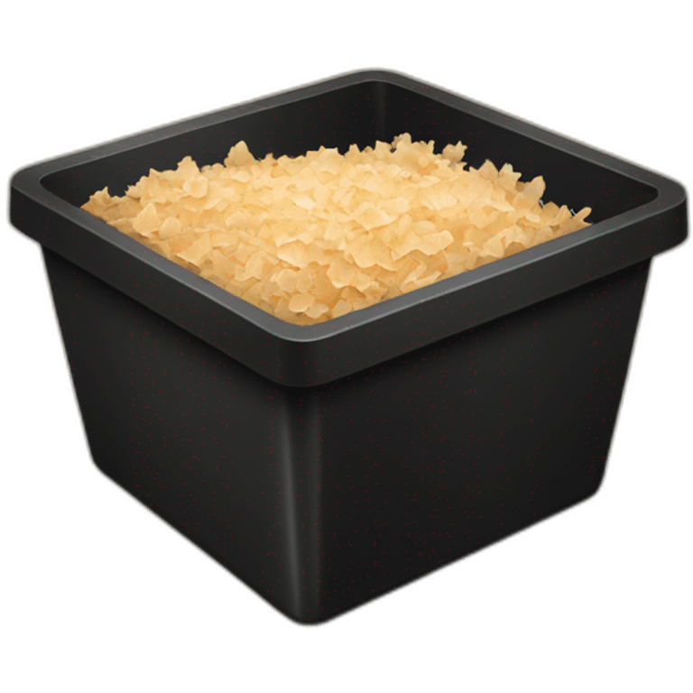 Black cubic plastic container with wood shavings inside emoji