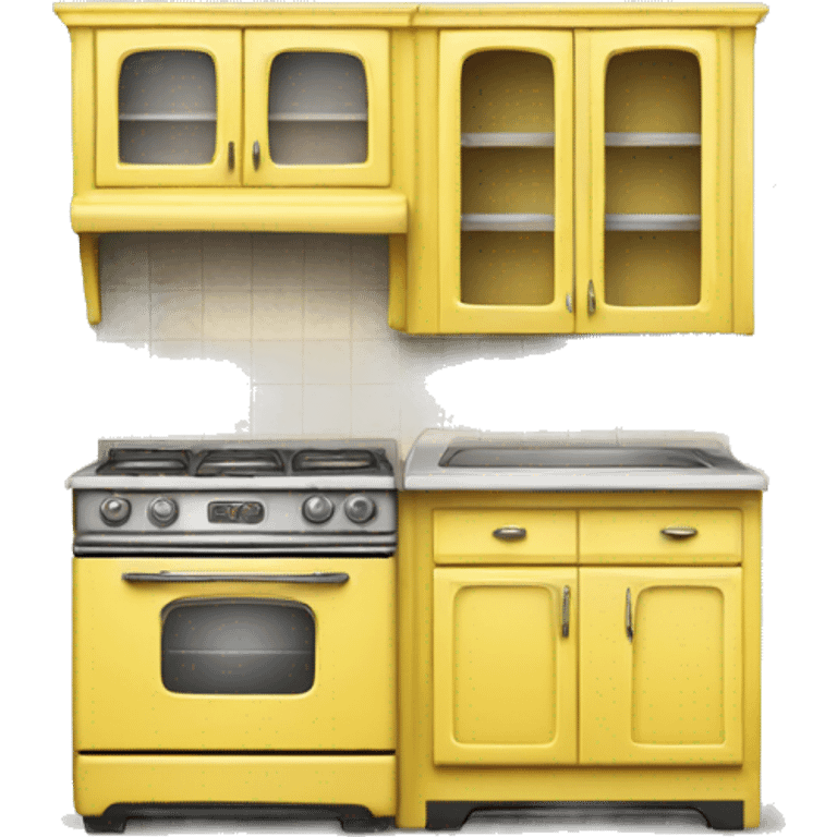 Isolated full length Realistic yellow vintage retro kitchen range with cabinets and counters. emoji