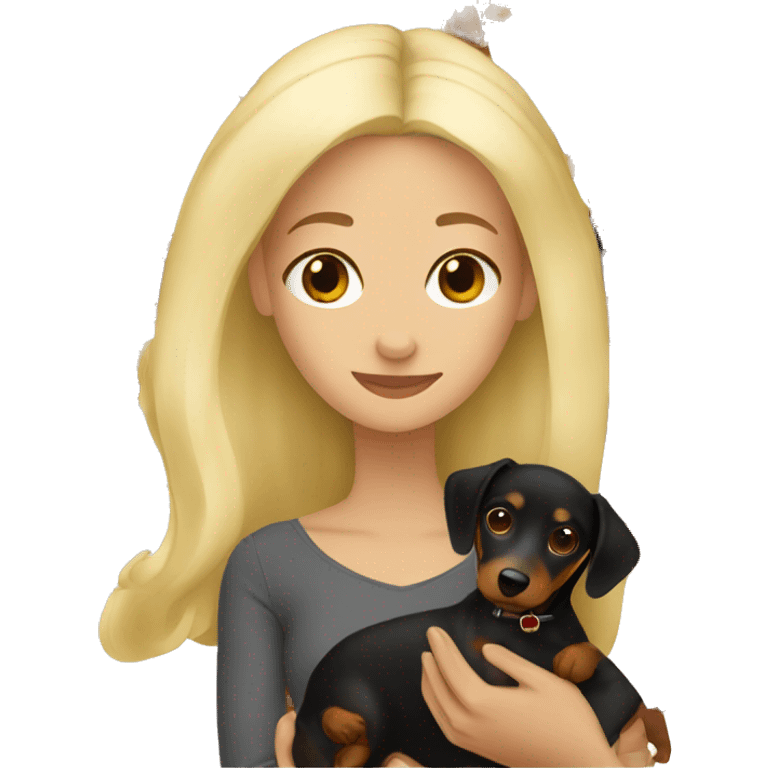 blonde woman holding black and brown dachshund emoji