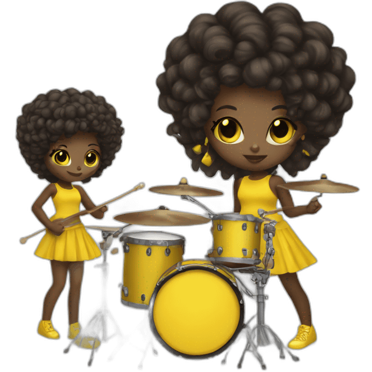 cute punk girl in yellow dress dark skin with yellow eyes and dark curvy hairs drummer emoji