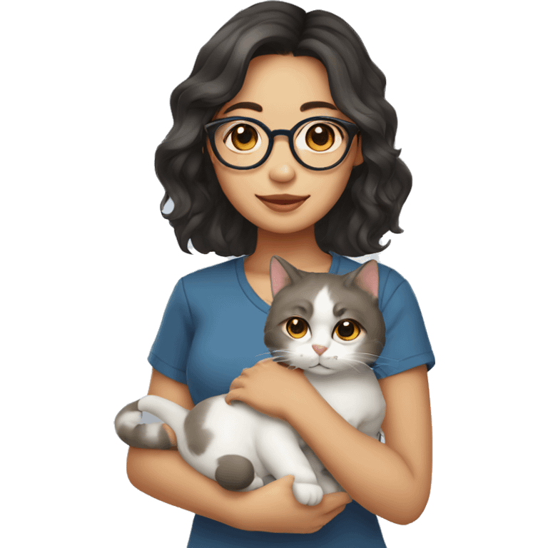 Southeast asian girl wearing glasses and shoulder length wavy hair holding a cat emoji