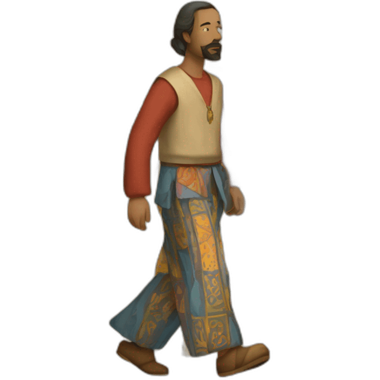 person wearing colorful pattern wide pants, walking, medieval emoji