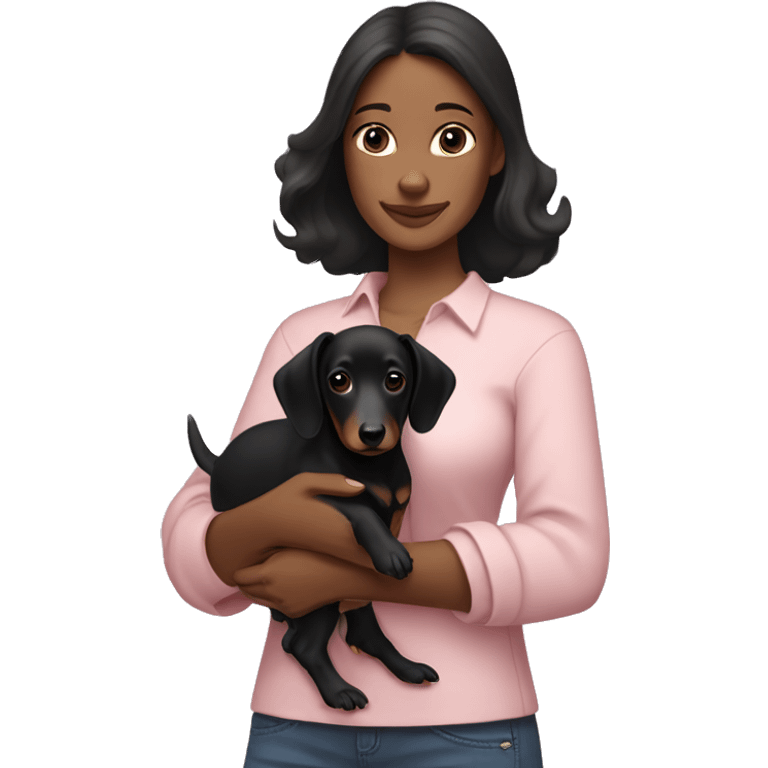 a brunette woman in a light pink shirt, with white skin, holding black dachshund puppy in her arms emoji