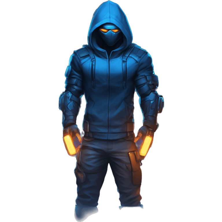 developer behind his laptop with this style : crysis Cyberpunk Riot Games Valorant neon glowing bright blue character blue black hooded assassin themed character emoji