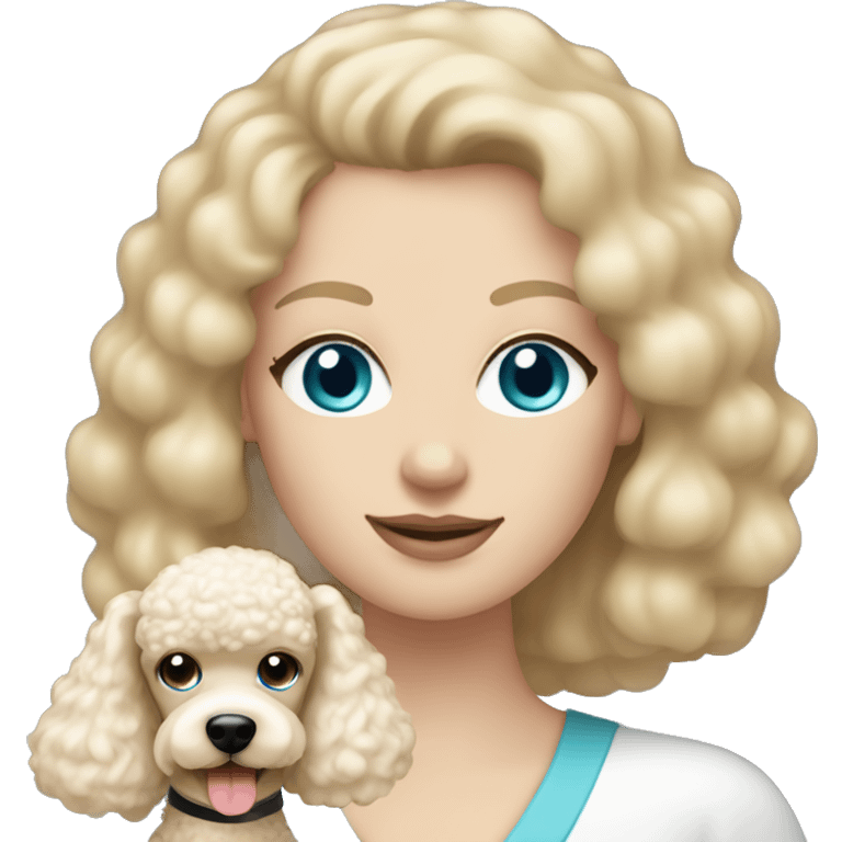  mom with straight blonde hair and blue eyes is holding a cream poodle  emoji