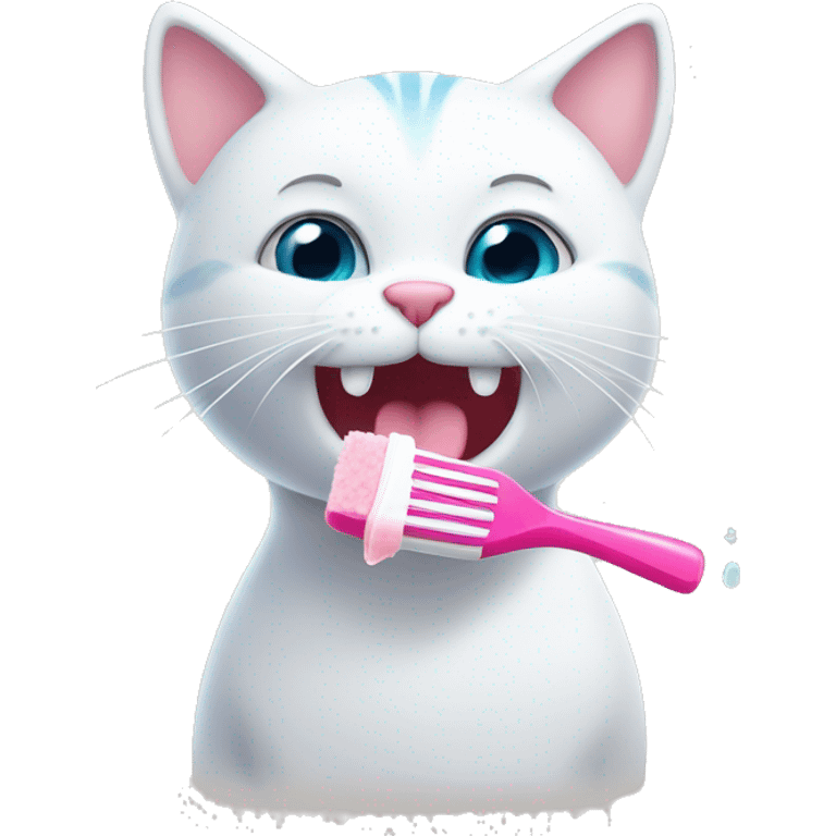 Cute white cat brushing teeth with pink toothbrush  emoji