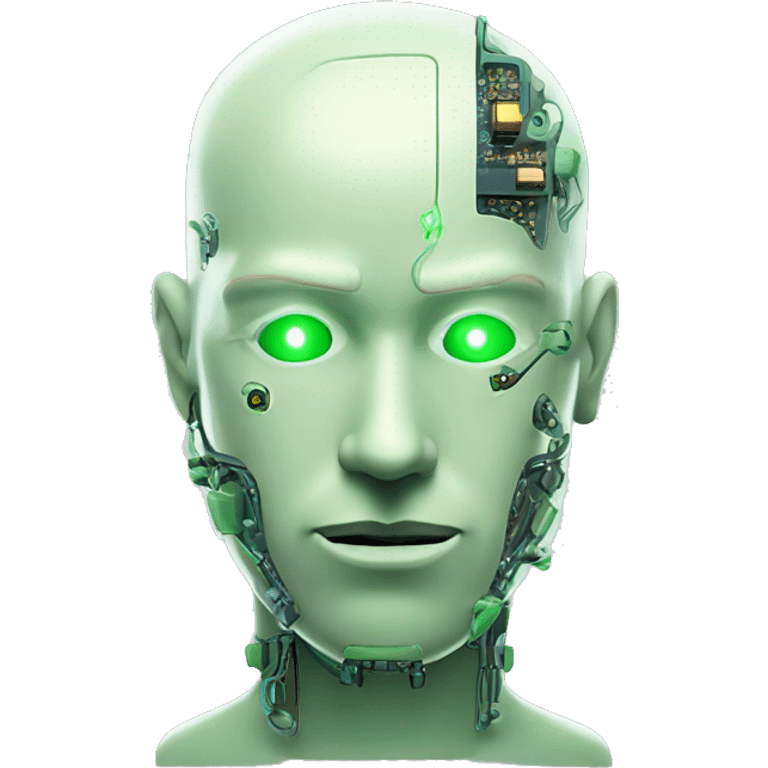 Pastel green bald male cyborg head with goatee and circuitry emoji