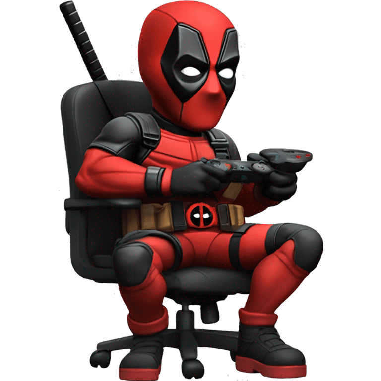 Cute Deadpool holding controller sitting at a desk, front view emoji