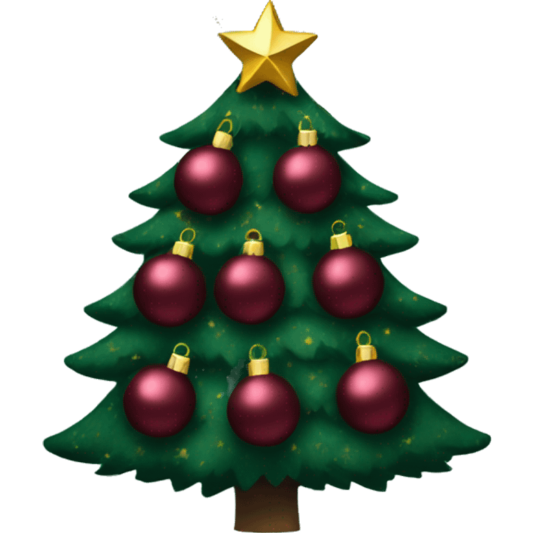 dark green Christmas tree decorated with burgundy and gold globes emoji