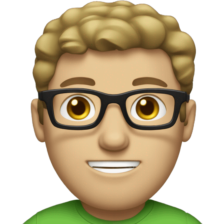 white guy with dark blond hair brad pit style square glasses blue eyes in laptop wearing green t-shirt emoji