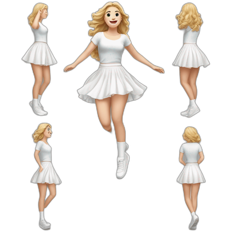 hyperrealistic-full-body-caucasian-curvy-beauty-jumping-small white-skirt-back-and-front-views-strong-wind-knickers white socks emoji