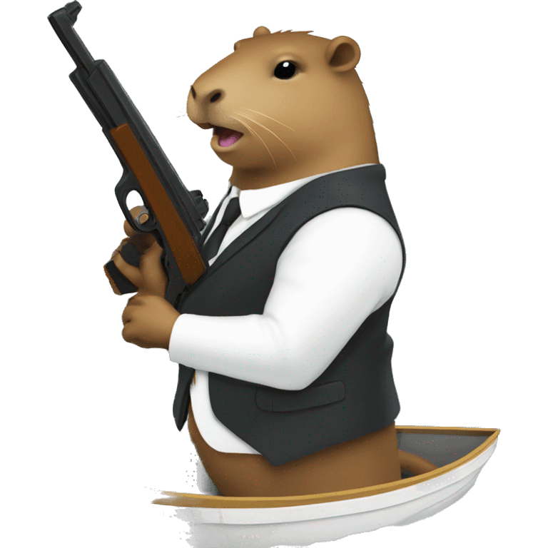 Capybara in a suit with a gun pointed at a boat emoji