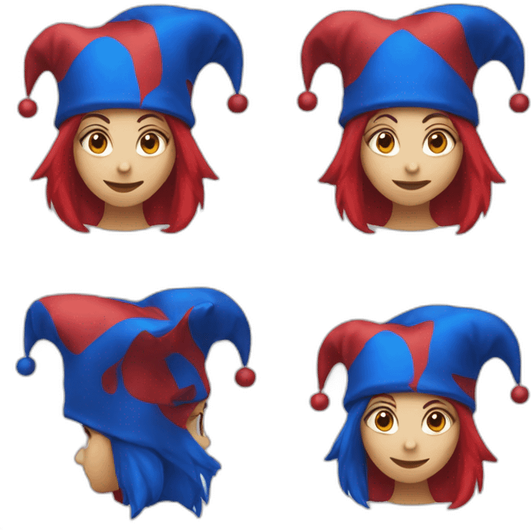 Pomni a female jester with red and blue jester clothes with a sad face emoji