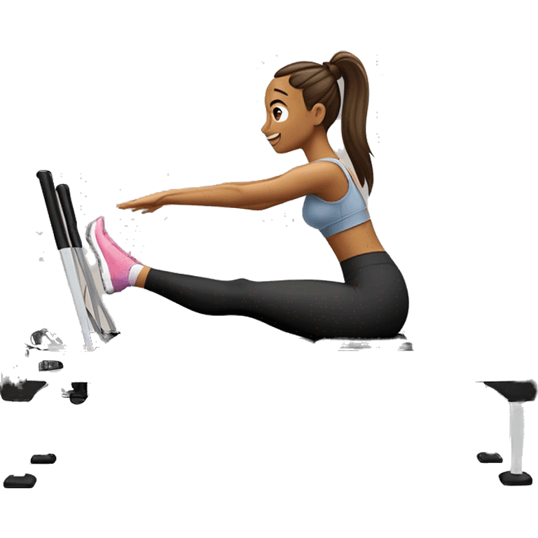 "Girl on a Pilates reformer machine, mid-exercise, wearing leggings and a top, in a bright studio."






 emoji