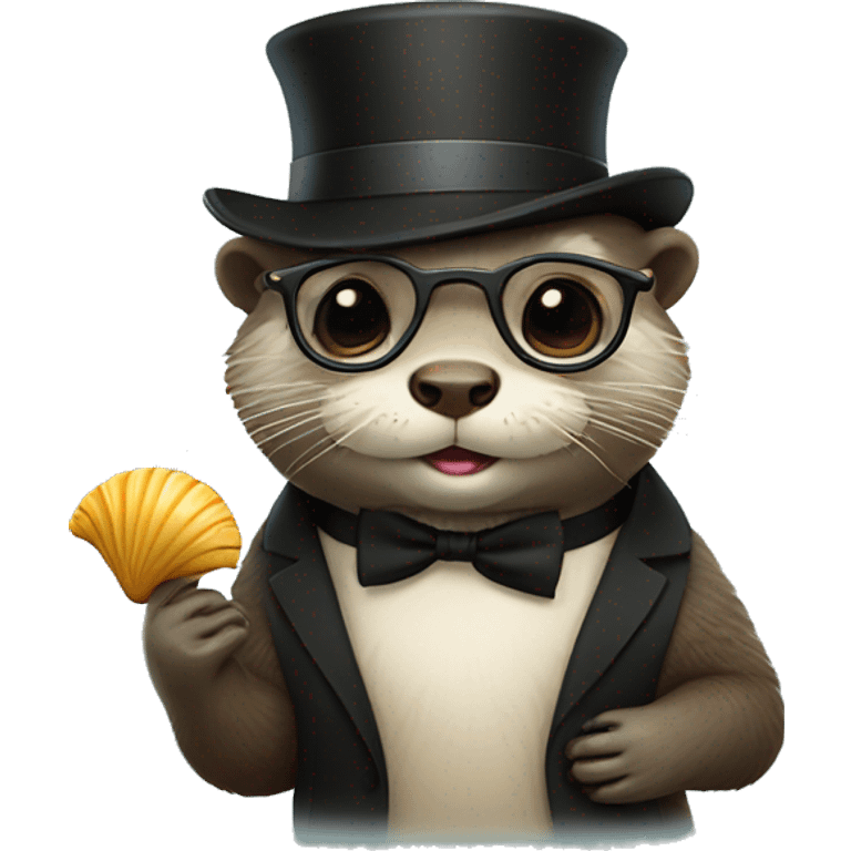 Cute Otter with glasses and top hat holding scallop shell emoji