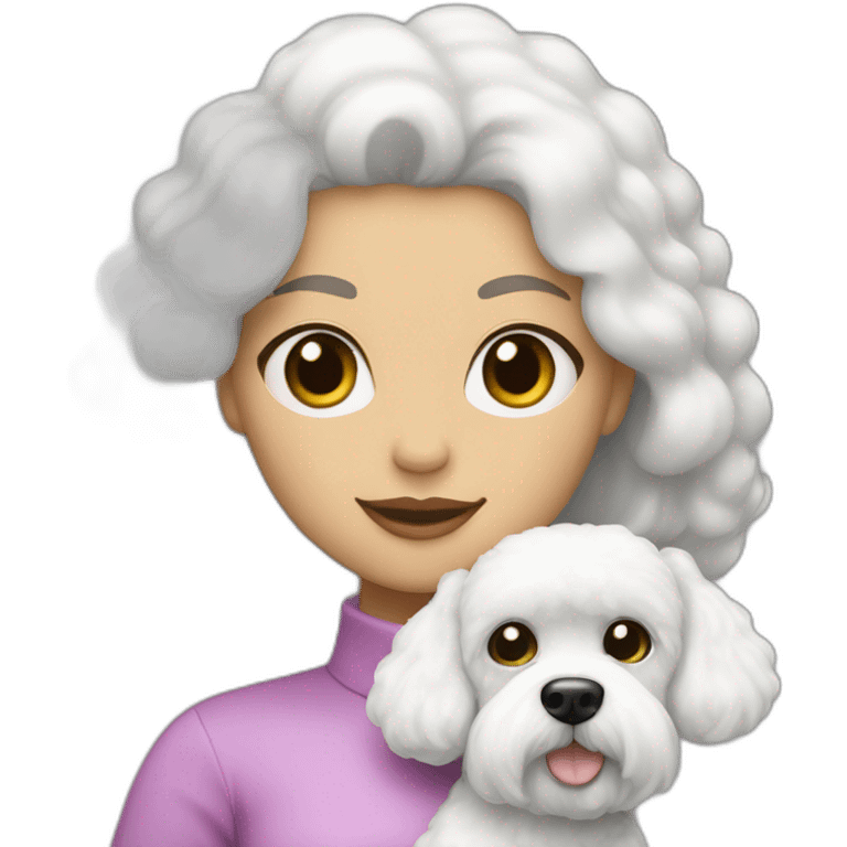 mujer piel blanca pelo largo negro y perro bichon blanco emoji