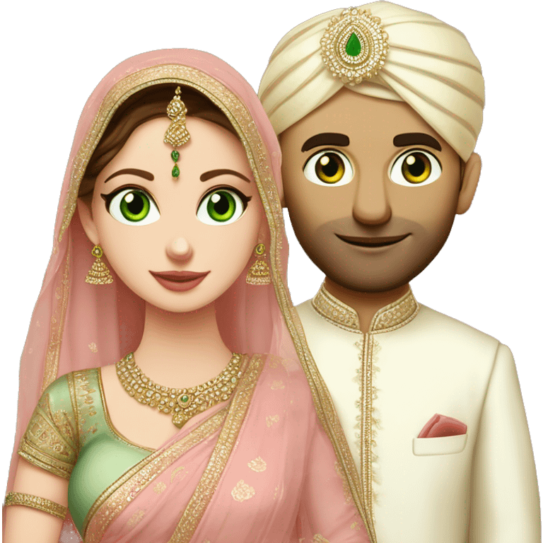 green eyed pale skin bride in a light pink saree without veil with tall indian groom in kurta without turban emoji