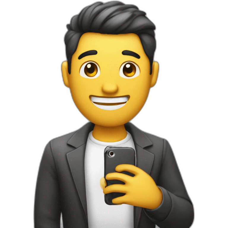 hombre bien vestido feliz teniendo una llamada con un iphone emoji