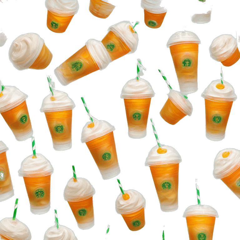 Realistic clear plastic cup with orange plastic Transluscent domed lid with orange and white swirled Frappuccino inside and green straw through the top of the lid. emoji