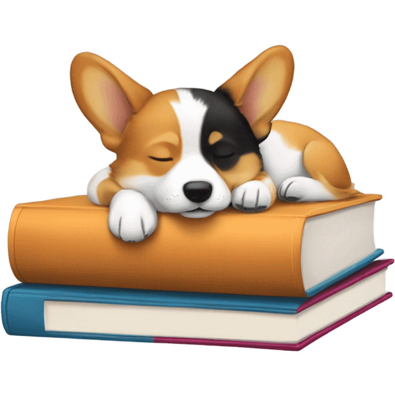 Tri-color corgi sleeping on a stack of books emoji