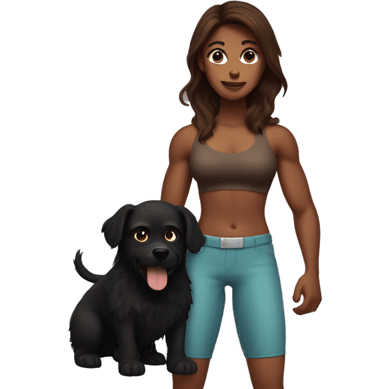 Long brown haired muscular woman holding fluffy black dog emoji